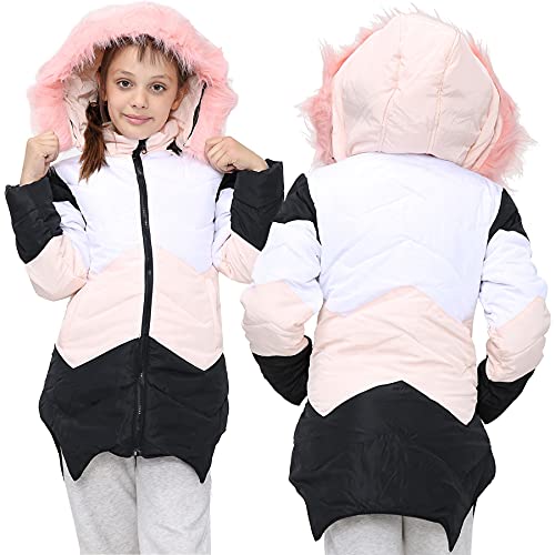 A2Z 4 Kids Hooded Contrast Panel Baby Pink Puffer Coat Parka Jacket Faux Fur Detachable Hood New Winter Fashion Girls Age 2-13 Years