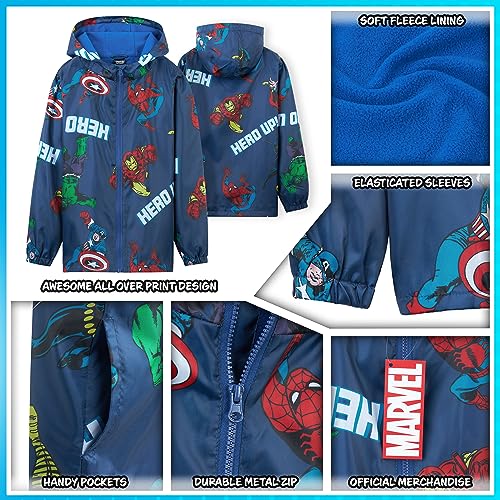 Marvel Boys Waterproof Jacket Avengers Spiderman Hooded Jacket Fleece Lining Raincoat for Boys Teenagers 4-14 Years (Navy Avengers, 7-8 Years)