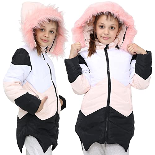 A2Z 4 Kids Hooded Contrast Panel Baby Pink Puffer Coat Parka Jacket Faux Fur Detachable Hood New Winter Fashion Girls Age 2-13 Years