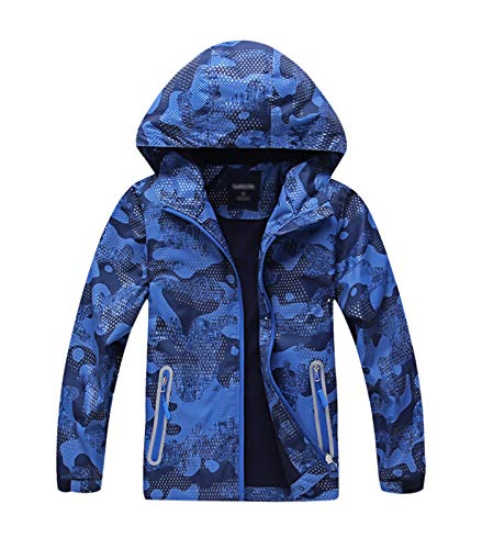 YoungSoul Boys Lightweight Hooded Waterproof Jackets Printed Fleece Lined Raincoat Camo Blue UK:9-10 Years (manufacturers's Size: 140)