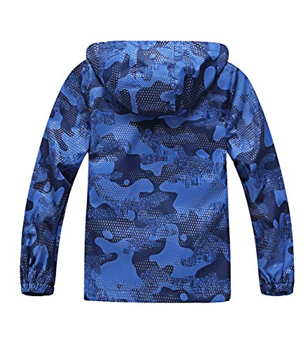 YoungSoul Boys Lightweight Hooded Waterproof Jackets Printed Fleece Lined Raincoat Camo Blue UK:9-10 Years (manufacturers's Size: 140)