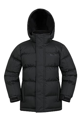 Mountain Warehouse Snow Padded Kids Jacket - Water Resistant Coat with Fleece Lined Hood, Adjustable Cuffs & Side Pockets - For Winter, Walking, Travel & Outdoors Jet Black 5-6 Years