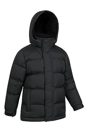 Mountain Warehouse Snow Padded Kids Jacket - Water Resistant Coat with Fleece Lined Hood, Adjustable Cuffs & Side Pockets - For Winter, Walking, Travel & Outdoors Jet Black 5-6 Years