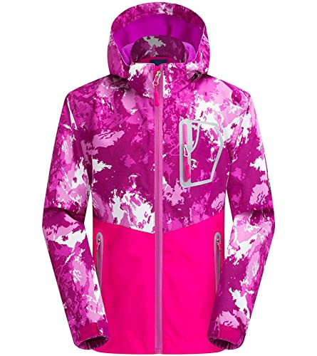 LAUSONS Boys Waterproof Jacket Kids Coat Camo Girls Lightweight Windbreaker Outdoor Fleece Raincoat with Hood Red Pink Lable XXXL / 13-14 Years