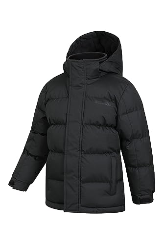 Mountain Warehouse Snow Padded Kids Jacket - Water Resistant Coat with Fleece Lined Hood, Adjustable Cuffs & Side Pockets - For Winter, Walking, Travel & Outdoors Jet Black 5-6 Years
