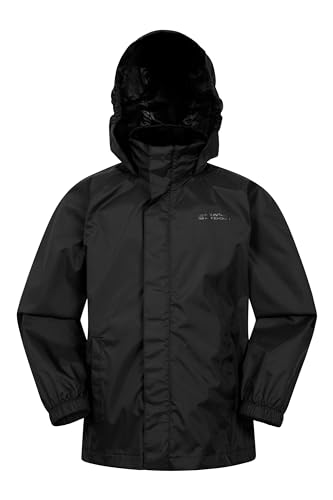 Mountain Warehouse Pakka Kids Waterproof Jacket - Wind Resistant, Lightweight & Breathable Rain Coat for Girls & Boys with Packaway Bag - For Wet Weather, Travel, Spring Summer Black 7-8 Years