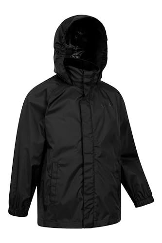Mountain Warehouse Pakka Kids Waterproof Jacket - Wind Resistant, Lightweight & Breathable Rain Coat for Girls & Boys with Packaway Bag - For Wet Weather, Travel, Spring Summer Black 7-8 Years