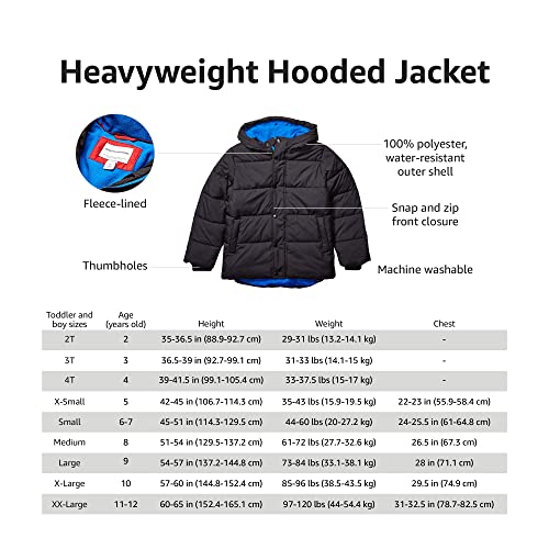 Amazon Essentials Boys' Heavyweight Hooded Puffer Jacket, Navy Red Colour Block, 5 Years