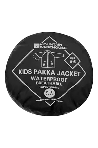 Mountain Warehouse Pakka Kids Waterproof Jacket - Wind Resistant, Lightweight & Breathable Rain Coat for Girls & Boys with Packaway Bag - For Wet Weather, Travel, Spring Summer Black 7-8 Years
