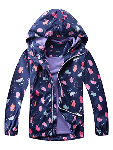 YoungSoul Girls Waterproof Jackets Outdoor Windbreaker Cotton Lined Printed Raincoats with Hood Navy 7-8 Years/Size L