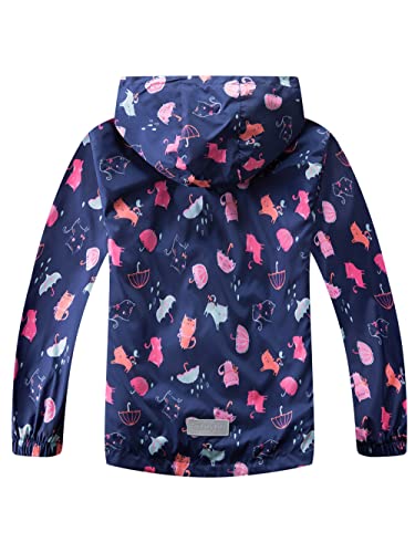 YoungSoul Girls Waterproof Jackets Outdoor Windbreaker Cotton Lined Printed Raincoats with Hood Navy 7-8 Years/Size L