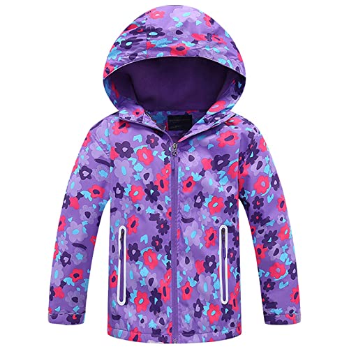 TURMIN Girls Floral Printed Waterproof Jacket, Kids Fleece Lined Raincoat Lightweight Windbreaker with Hood 3-10 Years for Wet Weather, Travel, School-Purple flower-130(6-7 Years)
