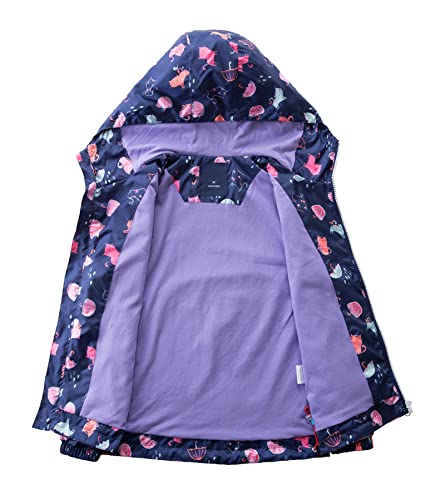 YoungSoul Girls Waterproof Jackets Outdoor Windbreaker Cotton Lined Printed Raincoats with Hood Navy 7-8 Years/Size L