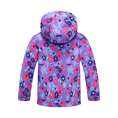 TURMIN Girls Floral Printed Waterproof Jacket, Kids Fleece Lined Raincoat Lightweight Windbreaker with Hood 3-10 Years for Wet Weather, Travel, School-Purple flower-130(6-7 Years)