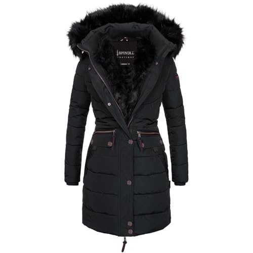 Spindle Girls Long Hooded Padded Fur Trimmed Winter Coat Jacket Quilted Fleece Lined Body Zip Pockets Black 15/16