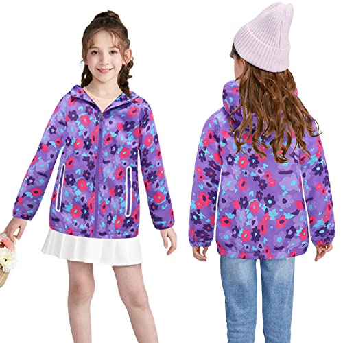 TURMIN Girls Floral Printed Waterproof Jacket, Kids Fleece Lined Raincoat Lightweight Windbreaker with Hood 3-10 Years for Wet Weather, Travel, School-Purple flower-130(6-7 Years)