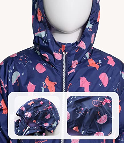 YoungSoul Girls Waterproof Jackets Outdoor Windbreaker Cotton Lined Printed Raincoats with Hood Navy 7-8 Years/Size L