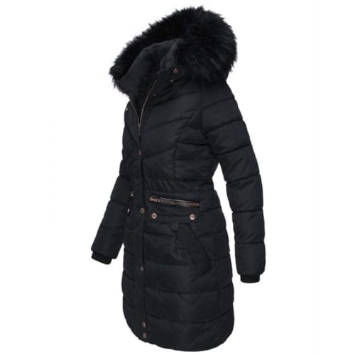 Spindle Girls Long Hooded Padded Fur Trimmed Winter Coat Jacket Quilted Fleece Lined Body Zip Pockets Black 15/16