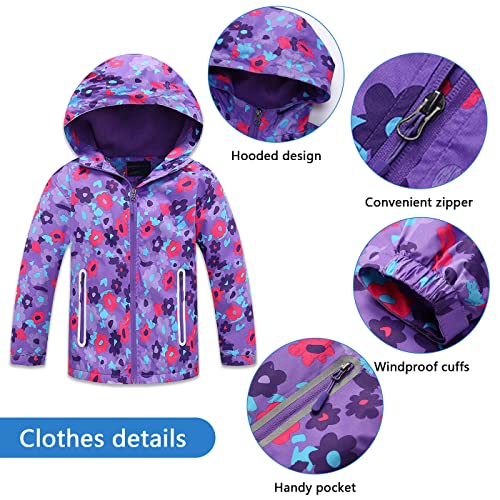 TURMIN Girls Floral Printed Waterproof Jacket, Kids Fleece Lined Raincoat Lightweight Windbreaker with Hood 3-10 Years for Wet Weather, Travel, School-Purple flower-130(6-7 Years)