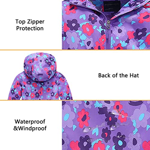 TURMIN Girls Floral Printed Waterproof Jacket, Kids Fleece Lined Raincoat Lightweight Windbreaker with Hood 3-10 Years for Wet Weather, Travel, School-Purple flower-130(6-7 Years)
