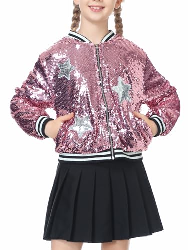 LOLANTA Girls Sequin Bomber Jacket with Pockets Zipper Long Sleeve Sparkle Baseball Jackets, Pink, 10-11 Years, 150