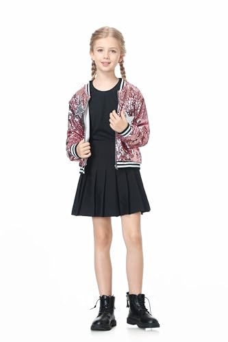 LOLANTA Girls Sequin Bomber Jacket with Pockets Zipper Long Sleeve Sparkle Baseball Jackets, Pink, 10-11 Years, 150
