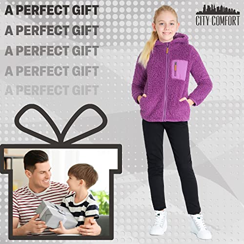 CityComfort Fleece Jacket for Kids, Zip Up Fuzzy Teddy Hoodie (Purple, 11-12 Years)