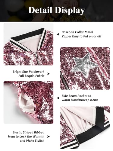LOLANTA Girls Sequin Bomber Jacket with Pockets Zipper Long Sleeve Sparkle Baseball Jackets, Pink, 10-11 Years, 150
