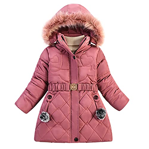 Petalum Girl Winter Sherpa Coat Snowsuit Toddler Warm Fleece Puffer Down Parka Jacket with Faux Fur Hood Pompom(Red, 4-5 Years/tag XL)