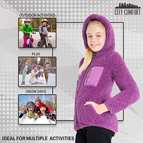 CityComfort Fleece Jacket for Kids, Zip Up Fuzzy Teddy Hoodie (Purple, 11-12 Years)