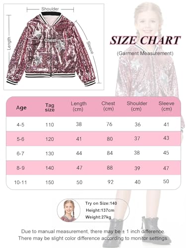 LOLANTA Girls Sequin Bomber Jacket with Pockets Zipper Long Sleeve Sparkle Baseball Jackets, Pink, 10-11 Years, 150