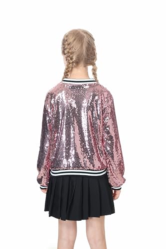 LOLANTA Girls Sequin Bomber Jacket with Pockets Zipper Long Sleeve Sparkle Baseball Jackets, Pink, 10-11 Years, 150