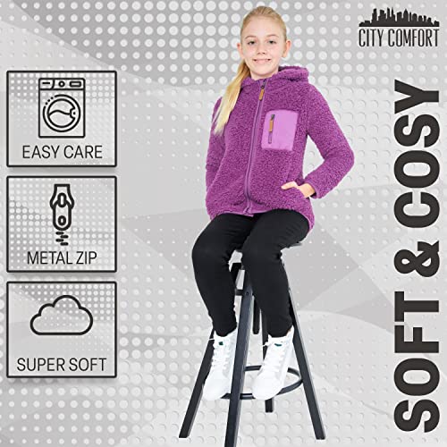 CityComfort Fleece Jacket for Kids, Zip Up Fuzzy Teddy Hoodie (Purple, 11-12 Years)