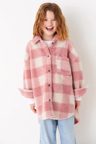 Gifts Treat Girls' Shacket Girls Jacket Button Fastening Fleect Coat Kids Collared Long Sleeve Shirt Warm Shacket for Girls,Pink Grid,4Years