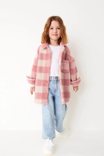 Gifts Treat Girls' Shacket Girls Jacket Button Fastening Fleect Coat Kids Collared Long Sleeve Shirt Warm Shacket for Girls,Pink Grid,4Years