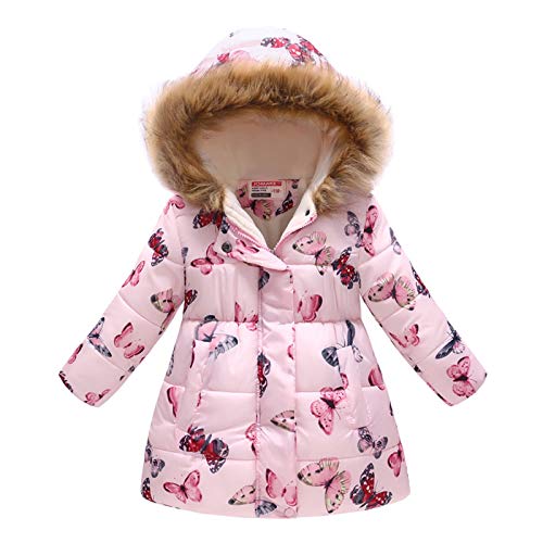Haokaini Winter Warm Coat for 3-12 Years Baby Girl Boy Floral Hooded Windproof Jacket with Faux Fur Cotton Parka Padded Overcoat Pink