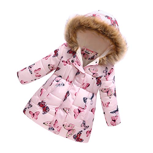 Haokaini Winter Warm Coat for 3-12 Years Baby Girl Boy Floral Hooded Windproof Jacket with Faux Fur Cotton Parka Padded Overcoat Pink