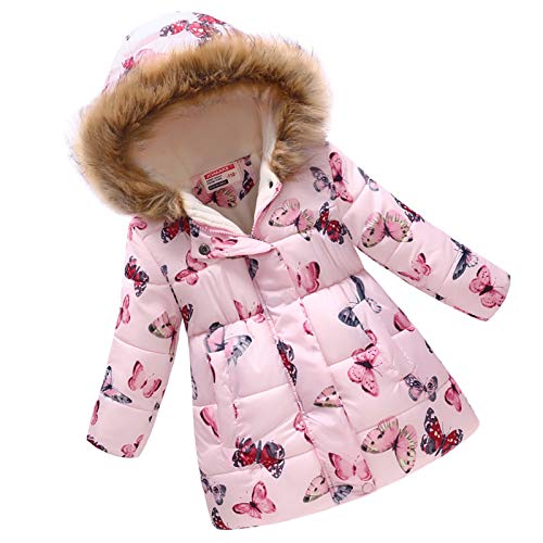 Haokaini Winter Warm Coat for 3-12 Years Baby Girl Boy Floral Hooded Windproof Jacket with Faux Fur Cotton Parka Padded Overcoat Pink