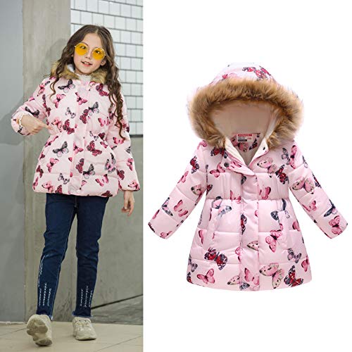 Haokaini Winter Warm Coat for 3-12 Years Baby Girl Boy Floral Hooded Windproof Jacket with Faux Fur Cotton Parka Padded Overcoat Pink