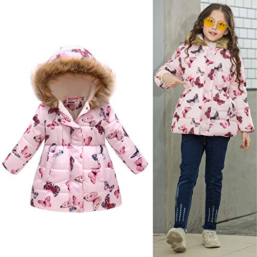 Haokaini Winter Warm Coat for 3-12 Years Baby Girl Boy Floral Hooded Windproof Jacket with Faux Fur Cotton Parka Padded Overcoat Pink