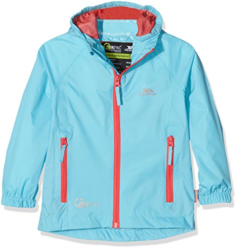 Trespass Qikpac Jacket, Aquatic, 9/10, Compact Packaway Waterproof Jacket Kids Unisex, Age 9-10, Blue