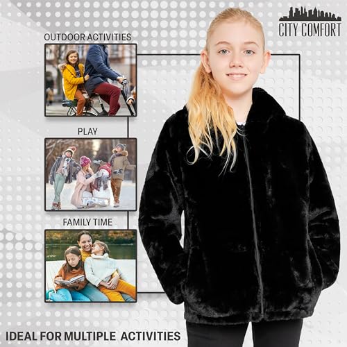 Girls Coat - Fluffy Hooded Zip Up Coat for Kids and Teenagers - Sizes 7-14 Years Cosy Stylish Winter Coat Outwear - Gifts for Girls (Black, 7-8 Years)