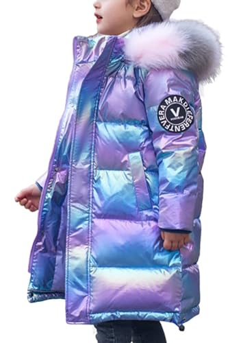 WIEAYUMEI Girls Winter Coat Puffer Jacket Winter Warm Outwear Shining Snowsuit Kids Girl Teenage Parka Coats with Faux Fur Collar Purple 6-7 Years