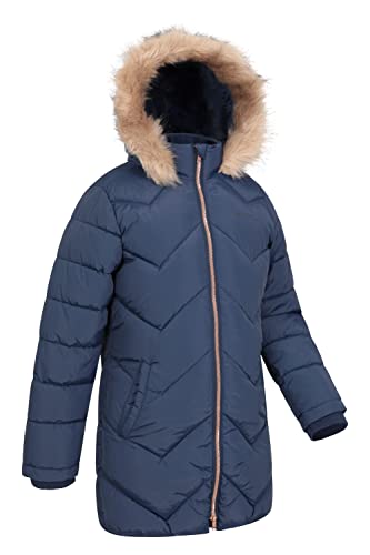 Mountain Warehouse Galaxy Fleece Lined Kids Padded Jacket - Water Resistant Girls & Boys Puffer Jacket, Faux Fur Hood Rainwear, Longline - For Spring Summer, Travelling, Hiking Navy 9-10 Years