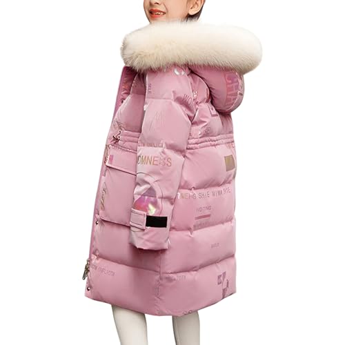 De feuilles Kids Girls Hooded Padded Coat Winter Warm Mid-Length Jacket Solid Color Shiny Letter Print with Faux Fur Hooded