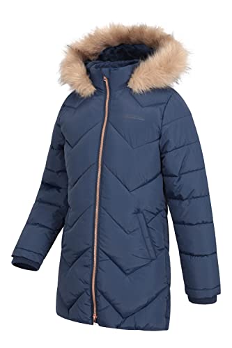 Mountain Warehouse Galaxy Fleece Lined Kids Padded Jacket - Water Resistant Girls & Boys Puffer Jacket, Faux Fur Hood Rainwear, Longline - For Spring Summer, Travelling, Hiking Navy 9-10 Years
