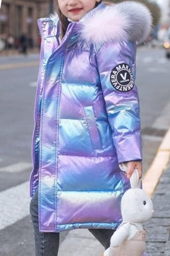 WIEAYUMEI Girls Winter Coat Puffer Jacket Winter Warm Outwear Shining Snowsuit Kids Girl Teenage Parka Coats with Faux Fur Collar Purple 6-7 Years