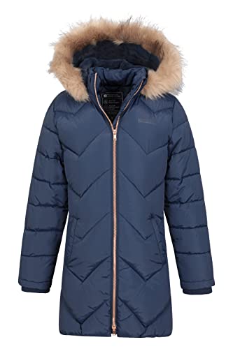 Mountain Warehouse Galaxy Fleece Lined Kids Padded Jacket - Water Resistant Girls & Boys Puffer Jacket, Faux Fur Hood Rainwear, Longline - For Spring Summer, Travelling, Hiking Navy 9-10 Years