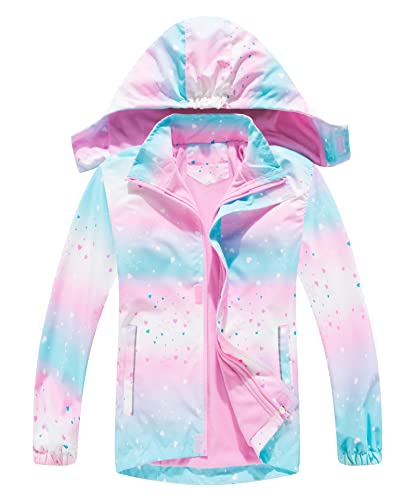 CAMLAKEE Girls Waterproof Jackets Kids Raincoats FLeece Lined Printed Hooded Coat Outdoor Windbreaker PinkHeart UK:5-6 years (manufacturers's size: 120)