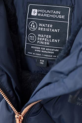 Mountain Warehouse Galaxy Fleece Lined Kids Padded Jacket - Water Resistant Girls & Boys Puffer Jacket, Faux Fur Hood Rainwear, Longline - For Spring Summer, Travelling, Hiking Navy 9-10 Years